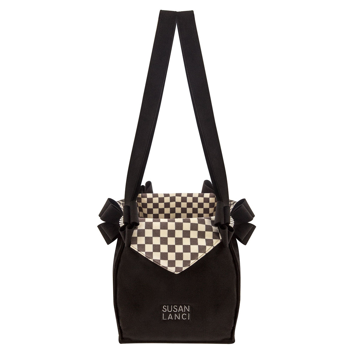 Black Double Nouveau Bow Luxury Dog Carrier with Windsor Check Flaps