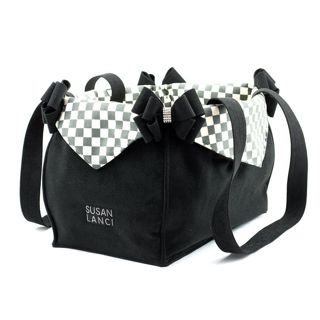 Black Double Nouveau Bow Luxury Dog Carrier with Windsor Check Flaps